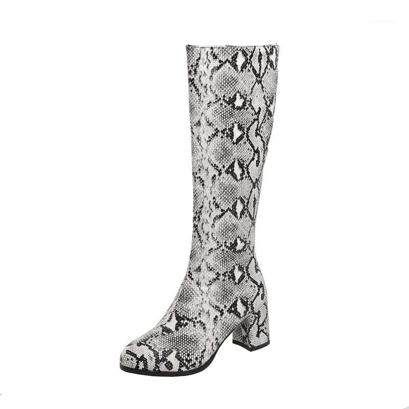 

Fancy Snake Print Thick-Heel Knee-Length Boots Round Toe High-Heel Snake Print Scales Pattern Side Zipper Women's Boots1, Green autumn