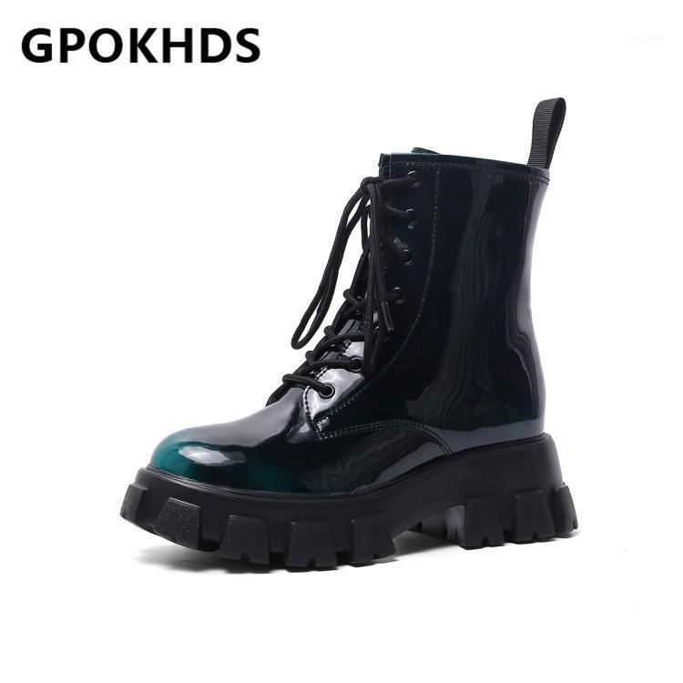 

GPOKHDS 2021 women Ankle boots Cow leather Winter short plush Round Toe Lace-Up Platform High heels female Riding boots size 391, Blue