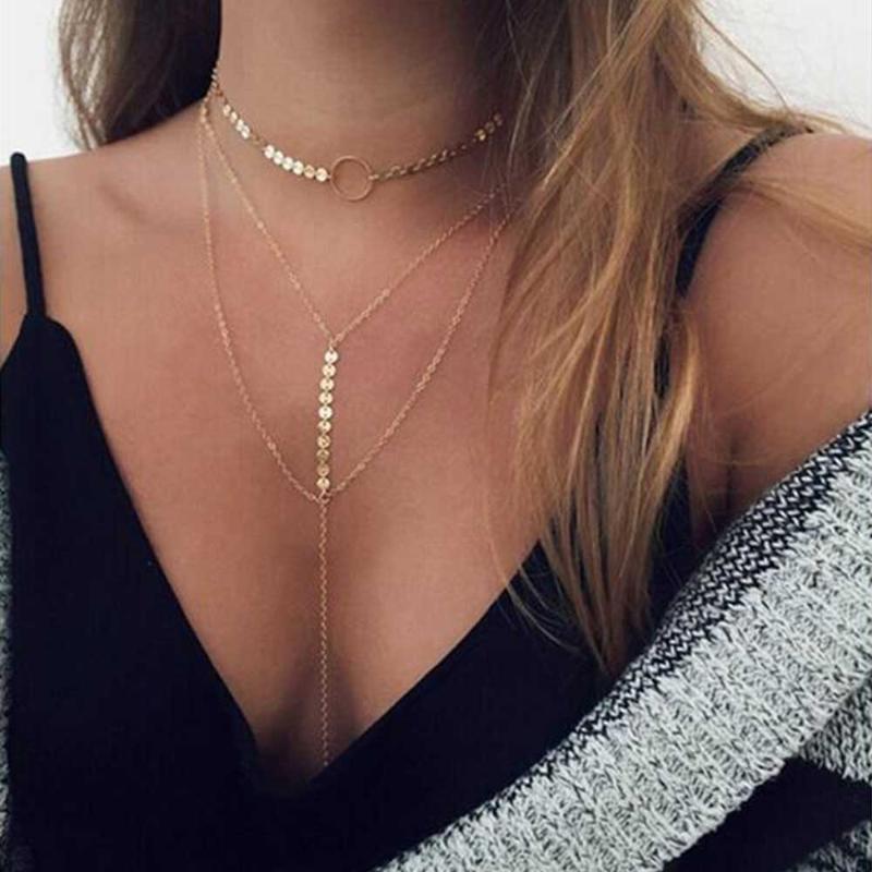 

whole saleTOMTOSH 2017 Hot Sale Sequins Long Tassel Star Choker Necklace Women Double Layer Sequins multilayer necklace1
