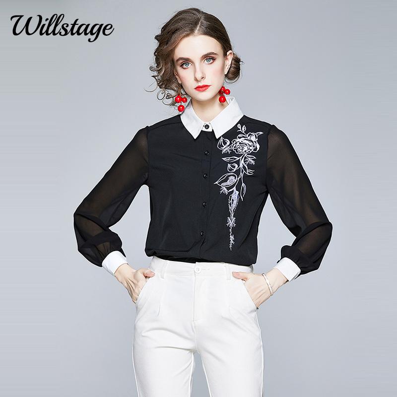 

Women's Blouses & Shirts Willstage Black Women Floral Embroidery Single-breasted High-end Long Sleeve Blouse White Collar 2021 Autumn Clothe