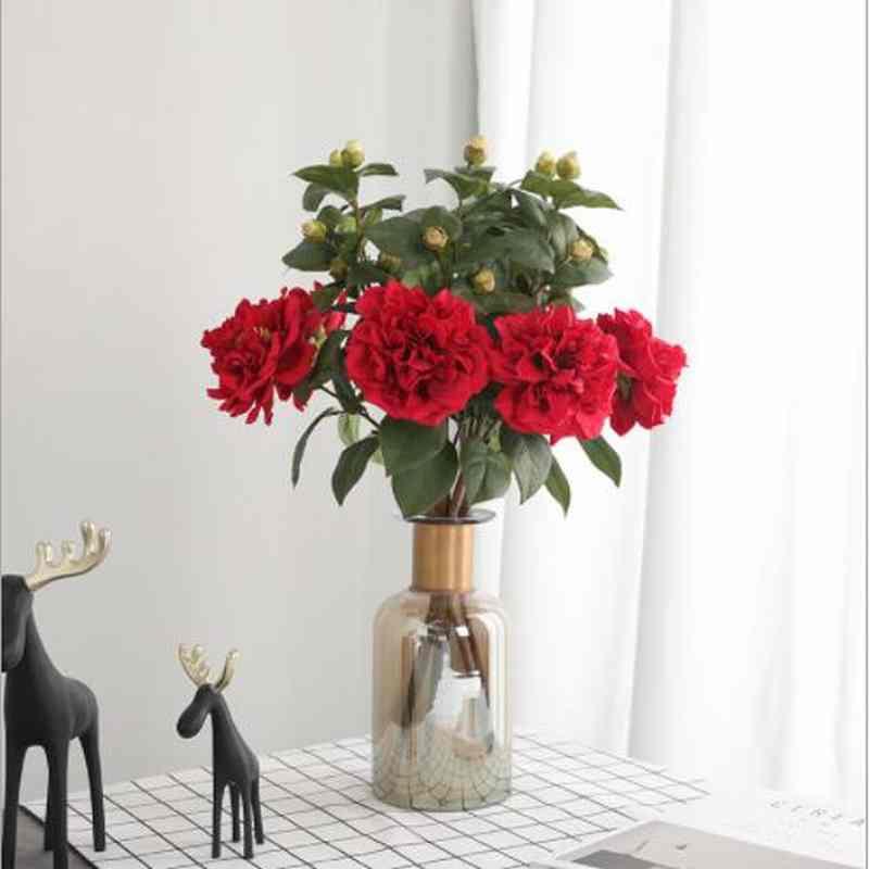 

1PCS Party Nodic Home Indoor Hotel Desktop Decoration Artificial Branch Fork Plants Fake Silk Plant White Red Pink Camellia