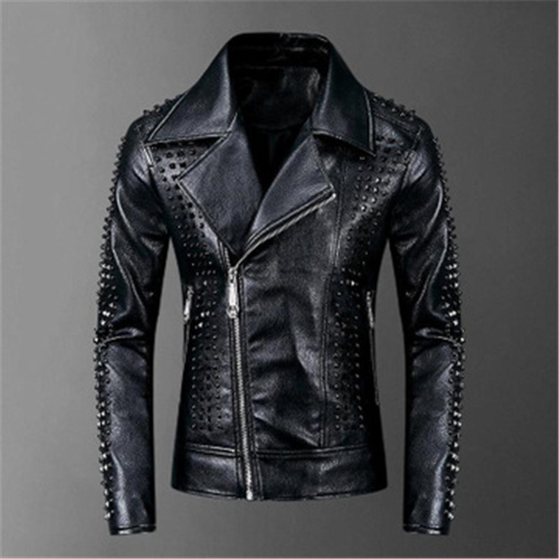 

Mens Lapel Neck PU Leather Jackets Fashion Trend Long Sleeve Rivet Zipper Skinny Outerwear Designer Spring Male New Slim Casual Jacket, Black