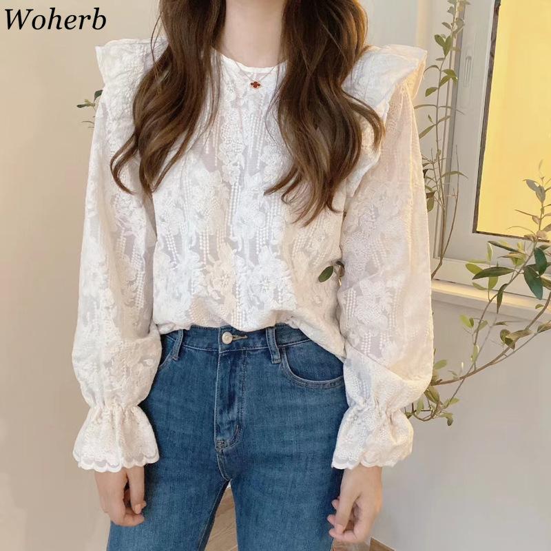 

Woherb Women Blouse Korean Ruffle Patchwork Elegant Lace Shirts 2020 Autumn New Chic Long Sleeve Sweet Femme Blusas Mujer, White
