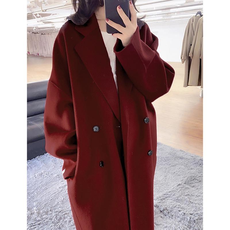 

Korean Winter 2020 Warm High End Handmade Black Double Sided Breasted Long Woolen Overcoat Women Loose Plus Size 90% Wool Coat
