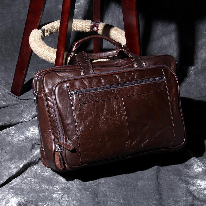 

Retro high quality Genuine leather men's briefcase handbag casual simple natural leather large capacity laptop bag travel bag, Coffee