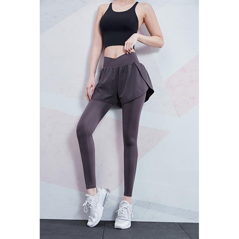 

Women' gym pants high-waist-lift buttocks tight belly running training wear two fake sports pants, 20745 black