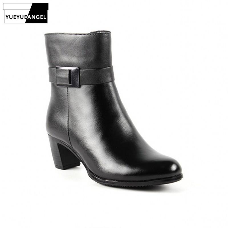 

Tooling Boots Genuine Leather Womens Black Square Heel Pointed Toe Slip-On Winter Outdoor Vintage Warm Wool Cowhide Ankle Boot, Black cotton