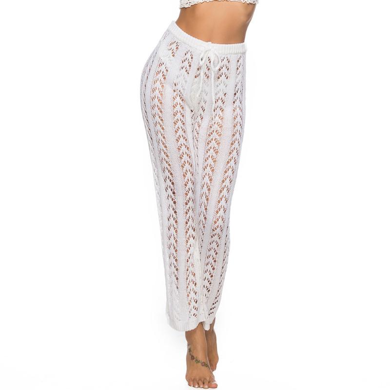 

Fashion Wide Leg Crochet Knitted Holiday Solid Cover Up Loose Out Long Sexy Women Pants Breathable Beach Summer, White