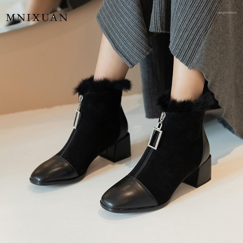 

MNIXUAN Fashion Boots Winter Boots with fur Women 2020 square toe Block Heel Shoes high heel ankle Black Booties1