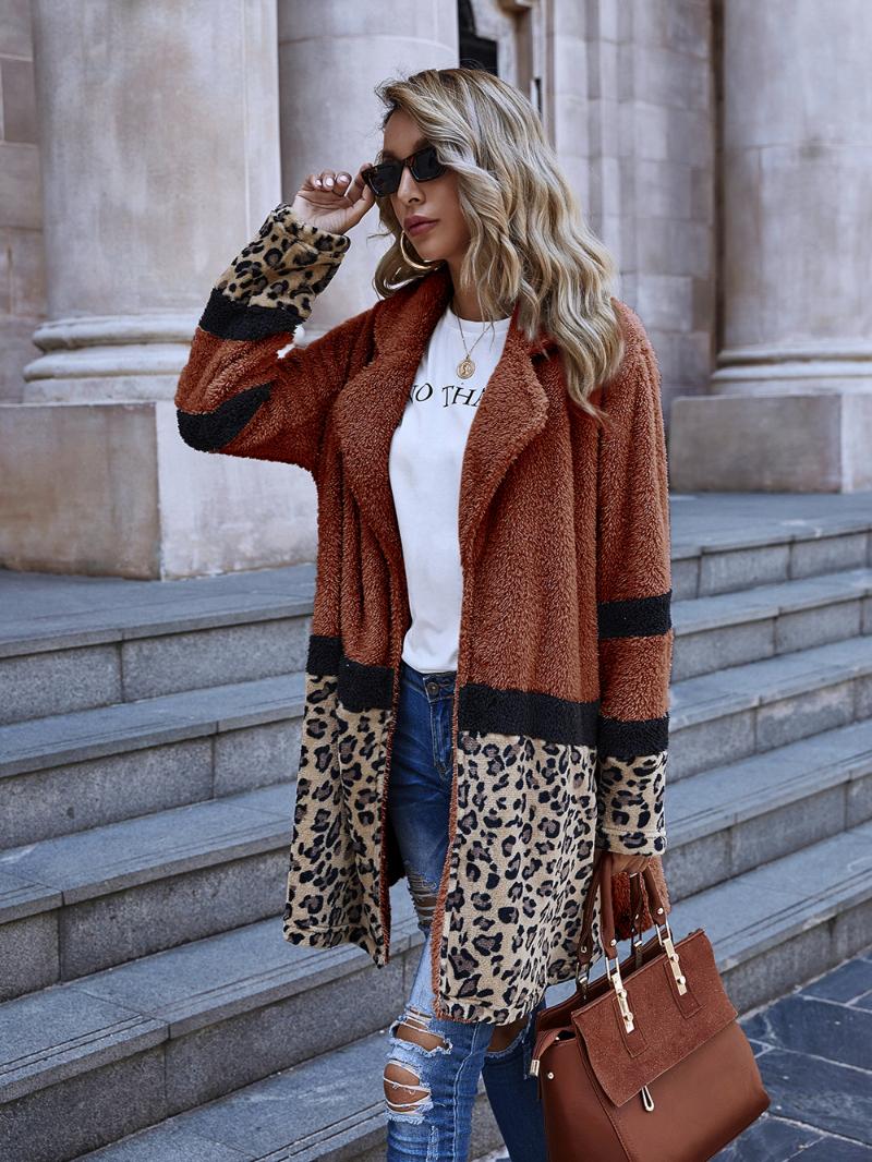 

Autumn Winter Coat Mid-length 65-80cm Elegant Casual Fashion Female Leopard Print Open Stitch Flocking Plush Jacket Outwear