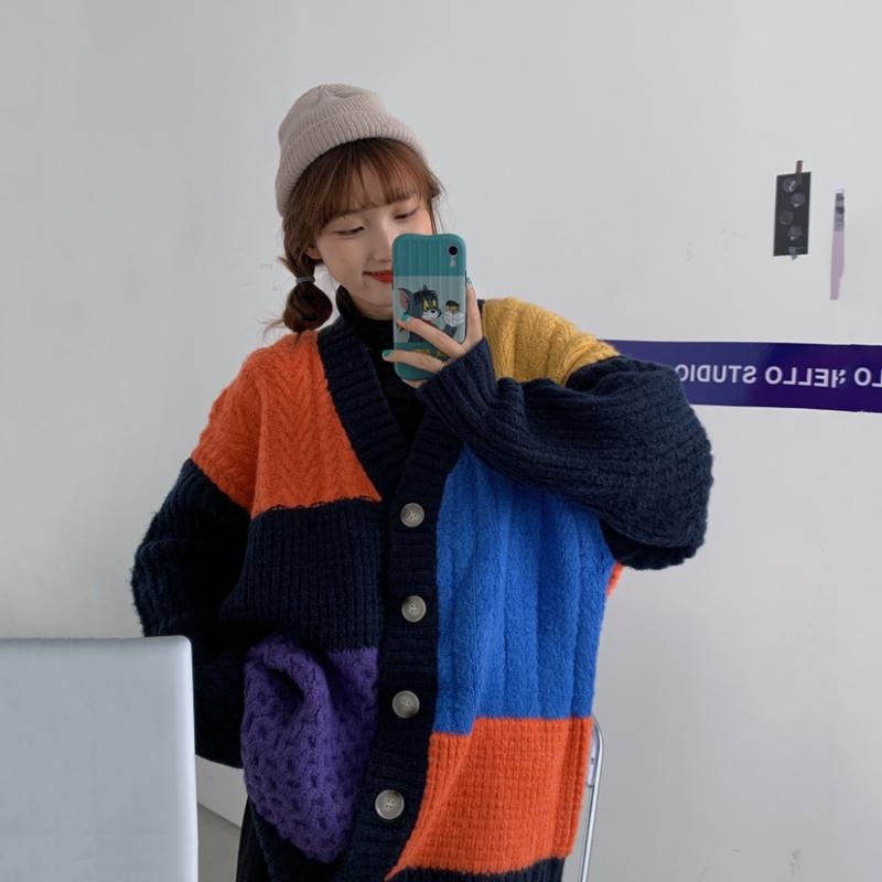 

SuperAen Color Matching Thickened V Neck Full Casual Warm Sweater Women Cardigan Coat, Light colou
