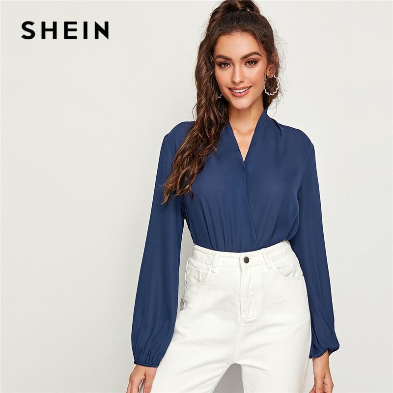 

Women's Blouses & Shirts SHEIN Navy V-neck Lantern Sleeve Wrap Top Blouse Women Spring Autumn Long Office Lady Solid Elegant Tops And Blouse