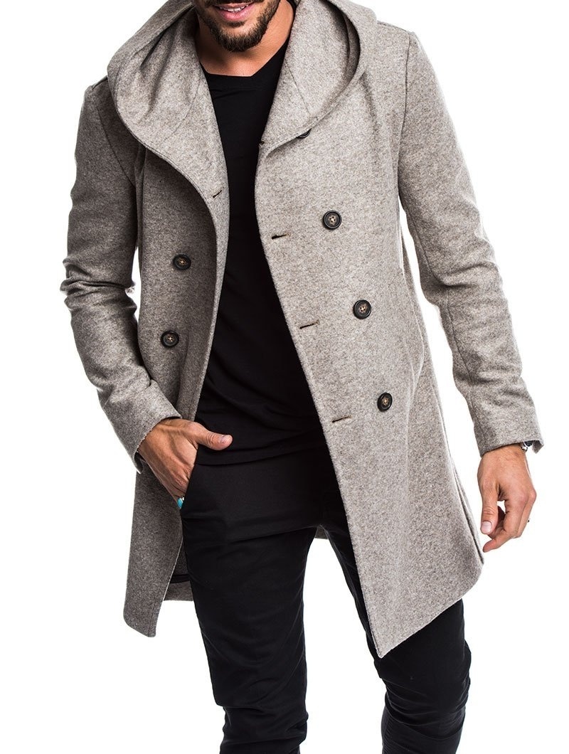 

2021 New Autumn Winter Men's Coats Long Woolen Trench Coat Fashion Brand Casual Button Pockets Hooded Overcoat Men Outwear 10wt, Camel