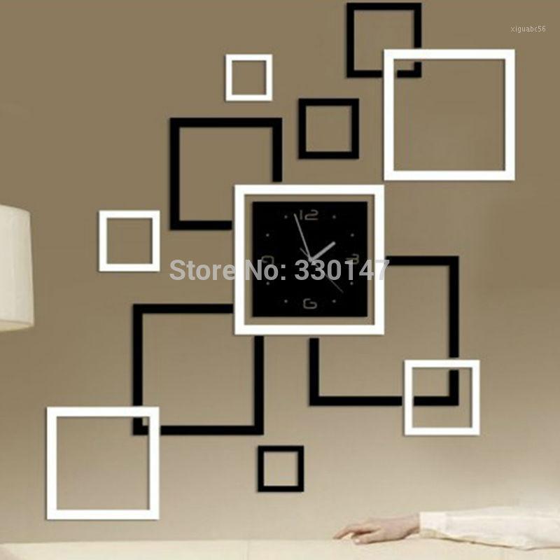 

Wholesale- Black And Silver Mirror Effect Frame Wall Clock Acrylic Sticker DIY Modern Design Square Watch For Home Decoration 91X82CM1 Clock