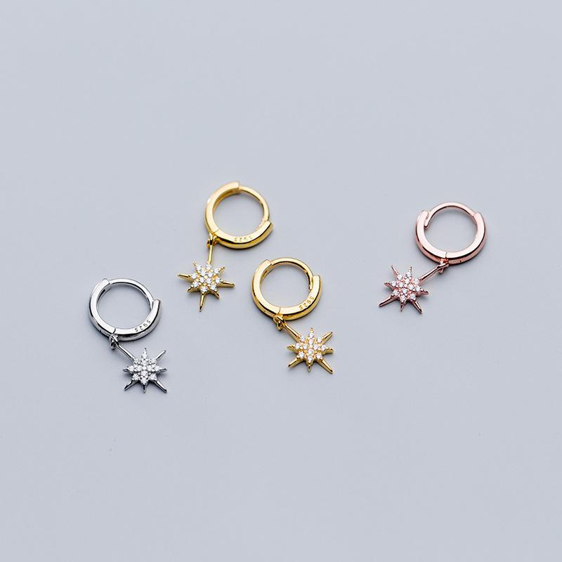 

100% Solid 925 Sterling Silver Fashion Star Inlay Cubic Zirconia Circle Hoop Earrings For Woman Girls Lady Jewelry Gift
