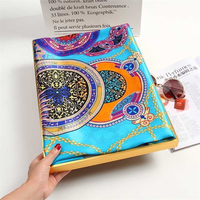 

100% Natural Silk Square Scarf Women Luxury Designer Print Satin Head Scarf Large Bandana Pure Silk Scarf Echarpe Femme 88x88cm 220115