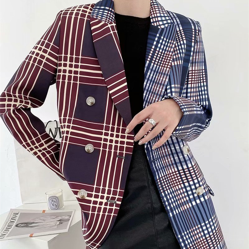

Puwd vintage woman 2 color shredded plaid blazer 2020 fashion ladies double Autumn breasted female casual jacket tops, Navy blue