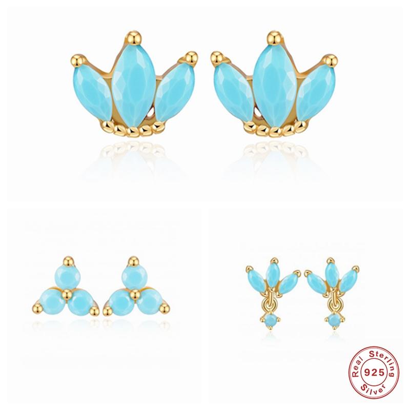 

100% S925 Sterling Silver Earring Boho Ethnic Bling Turquoise Crown Mini Stud Earrings For Ladies Women Fine Jewerly Pendientes