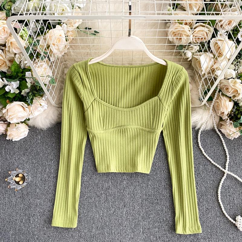 

New spring autumn crop top women sexy square collar long sleeve short t-shirt Female knitted slim fit elastic basic tee tops, Black