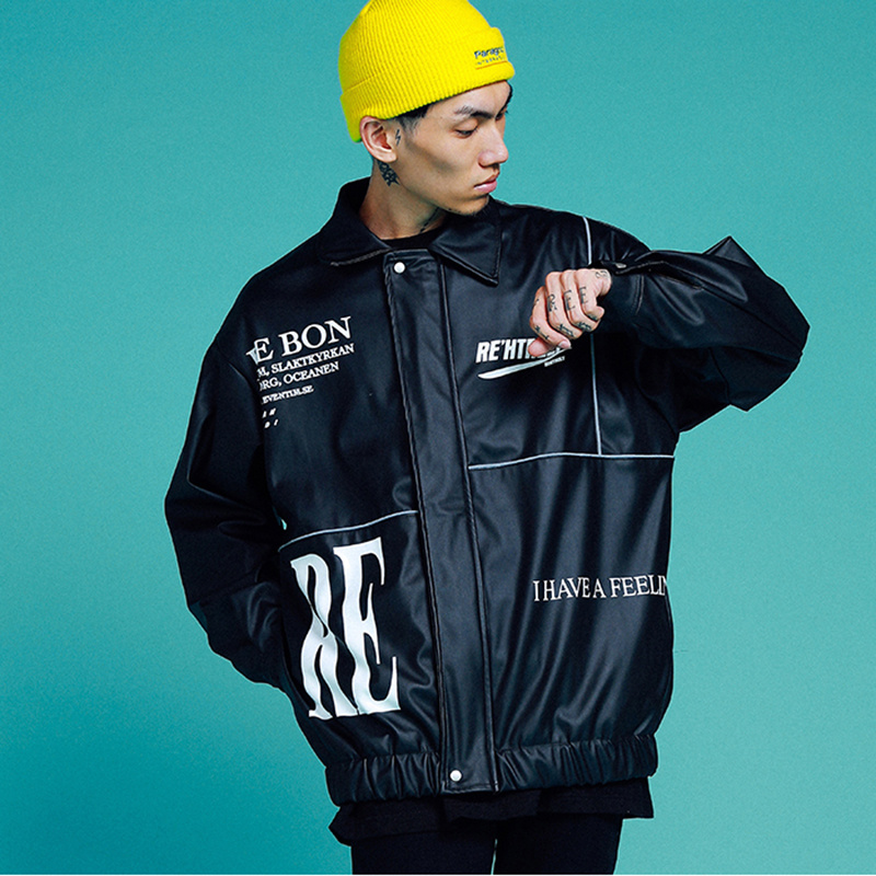

2020 Letter Printed Stand Faux Leather Autumn Winter Fashion Casual Jackets Streetwear Hip Hop Male Coats, Black