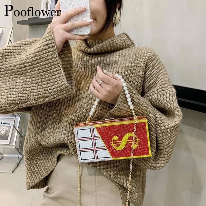 

Pooflower Lady Wedding Party Diamond Money Purse Pearl Beaded Chains Mini Shoulder Bag Chocolate Crystal Evening Hand Bag ZH307, Black