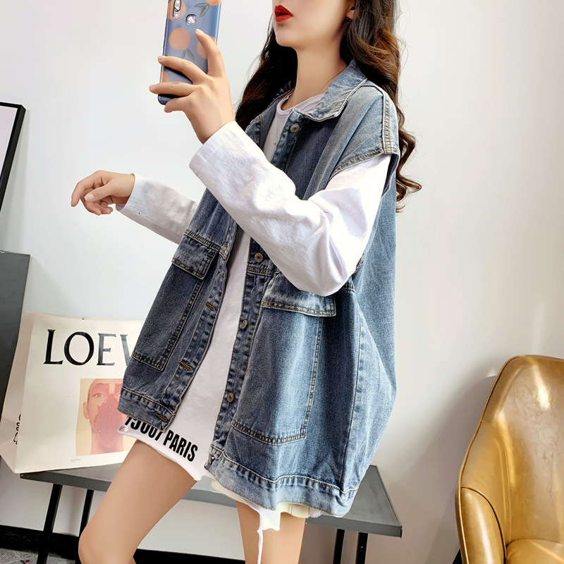 

2021 New Spring blue autumn plus workwear size denim female temper amendment versatile fashion baggy vest wear outside IK4K