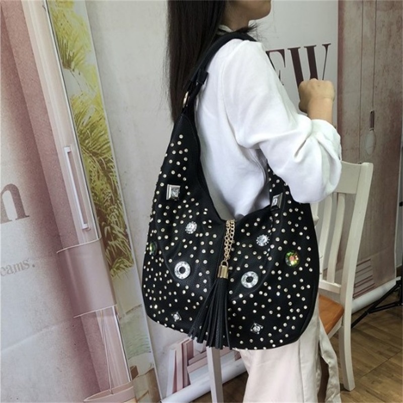 

Borla big 2020 new fashion diamond great female purse capacity strass shoulder ladies casual bag, Flat