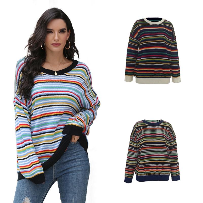 

Spring Autumn Women' Casual Color Stripe Bottoming Shirt Round Neck Pullover Color Striped Basic Loose Bottoming Shirt Fashion, Blue