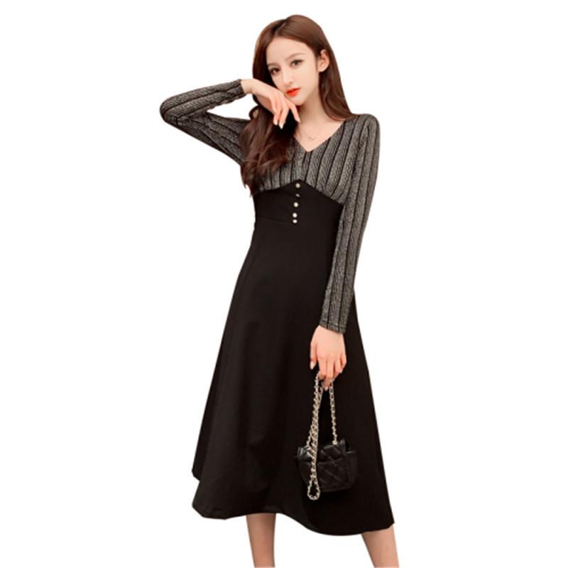 

Long sleeve dress female 2020 French spring and autumn new fashion temperament V-neck long stitching dress, Black
