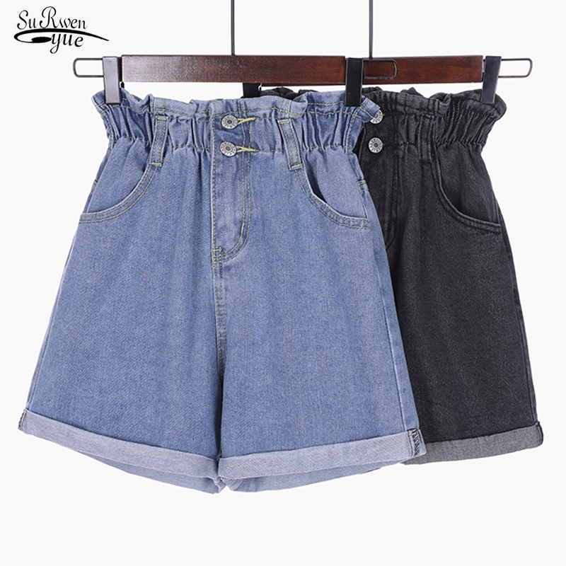 

Summer Women' Shorts Elastic High-Waist Women Jeans Shorts Wide Leg Short Pants Women Plus Size Loose Denim Shorts 9511 Y200822, Black