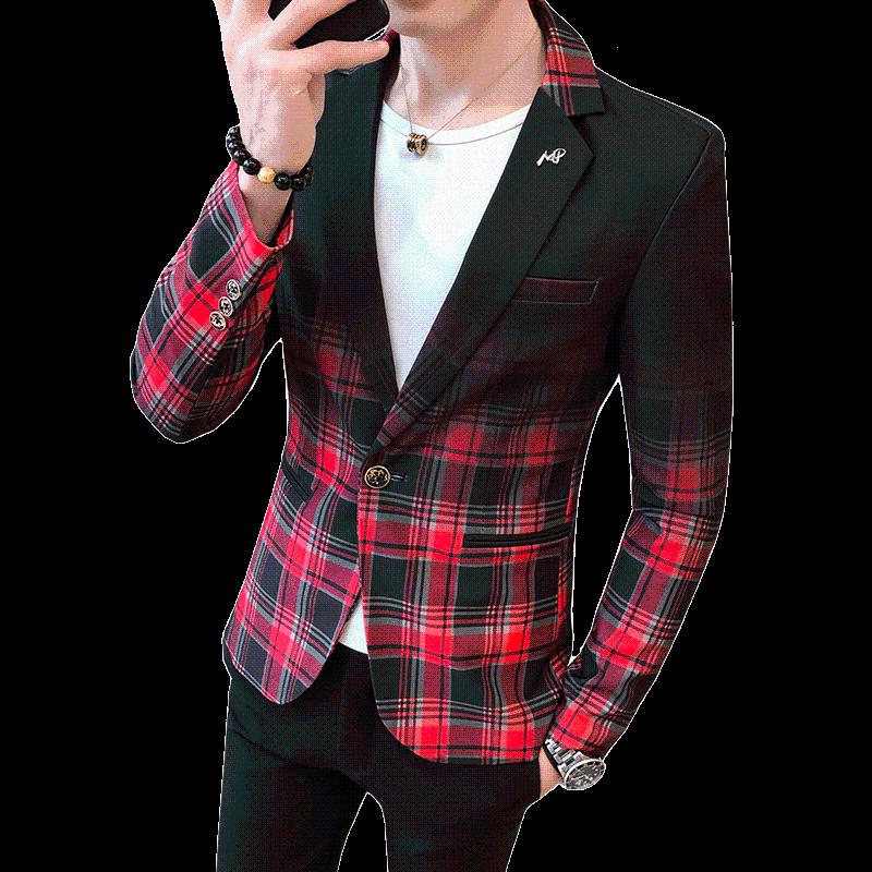 

Men Plaid Blazer 2020 Spring Fashion Contrast Color Grid Pattern Suit Jakect Splicing Slim Casual Male Dress Coat, Gray