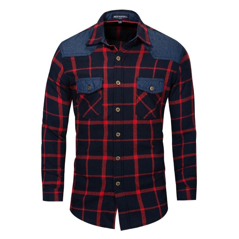 

Men Streetwear Plaid Shirts 2020 Fashion Denim Patchwork Long Sleeve Casual Shirt Male Social Regular Slim Fit All Cotton 172, Red