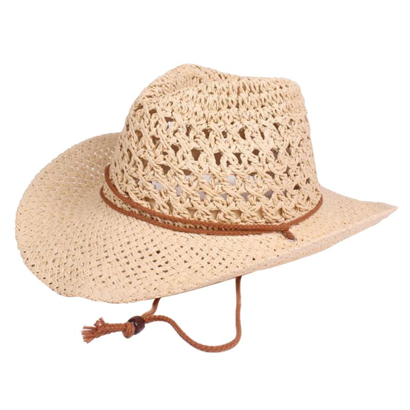 

Women Men Outdoor Weaving Wide Brim Hollowed Out Summer Straw Paper Cowboy Hat Sun Proof Beach Travel Casual Solid With Roll Up, Brown