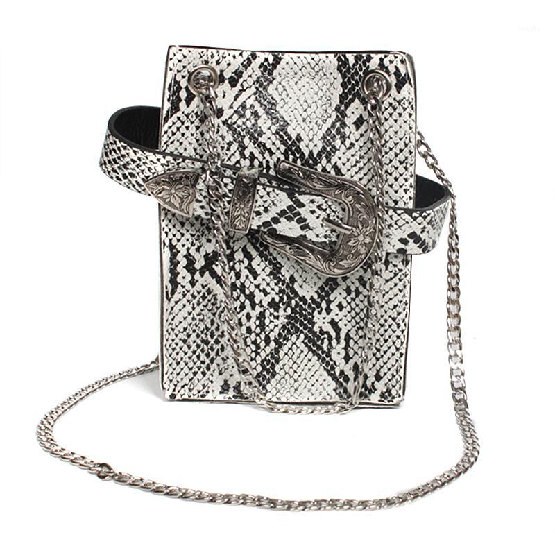 

New Snake Pattern Women Single Waist Packs with Metal Chain Shoulder Bag Waist Bags Bucket Style Fanny Pack Ladies Design1, Black