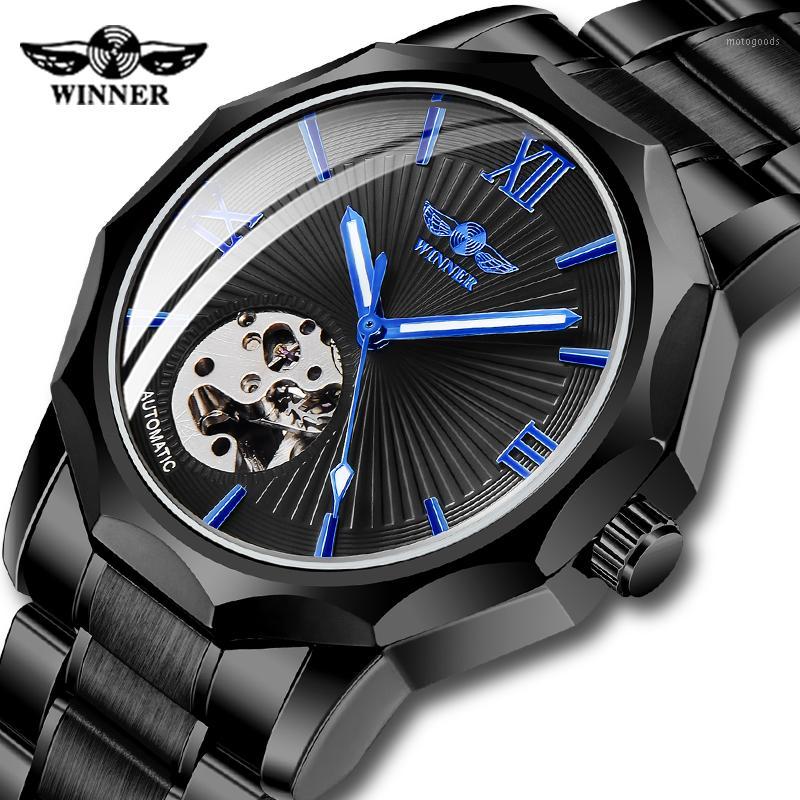 

Fashion WINNER Blue Ocean Geometry Design Transparent Skeleton Dial Mens Automatic Mechanical Watch Luminous Wristwatches1, Black