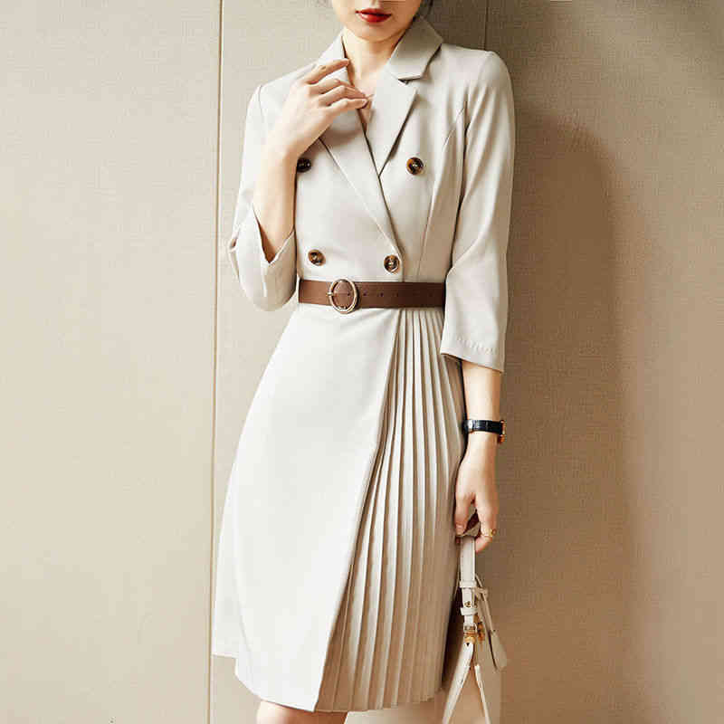 

Office Lady Dress Autumn Elegant Fashion Notched Collar Double Breasted Folds A Line Suit Dresses Women Temperament Wear, Black;gray