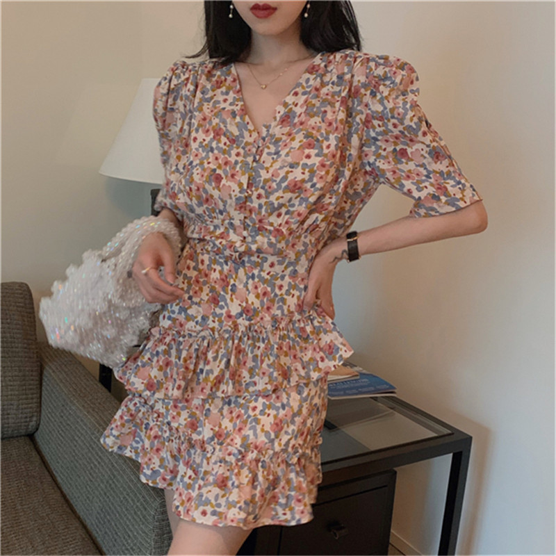 

2021 New to Floral Holiday Printed Mini Girl Dress Summer Sweet Ruffled the Line Dressed Up Neck Half Skinny Short Sleeve WLIL, Pink