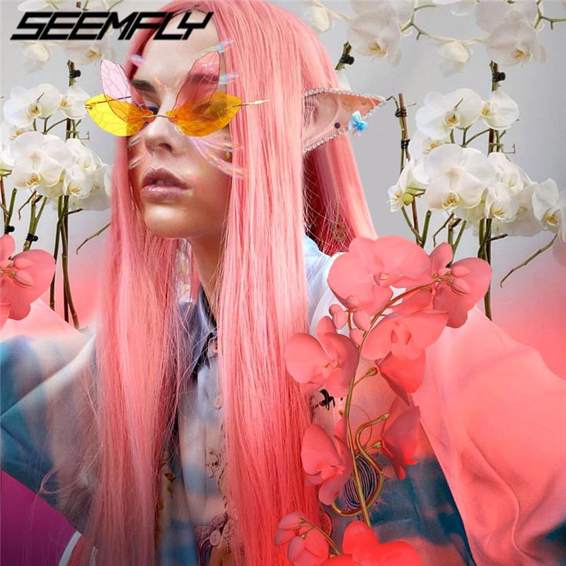 

Seemfly Fashion Dragonfly Sunglasses Women Retro Steampunk Sun Glasses Female Goggle Mirror Party Colorful Rimless Funny Shades