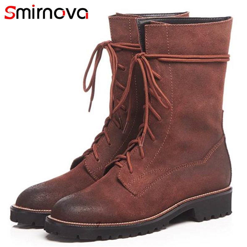 

Smirnova 2020 HOT fashion cow suede leather boots cross tied ankle boots women round toe square med heels lace up winter, Black
