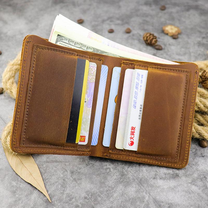 

New Men Wallets Crazy Horse Cow Leather Small Money Purses Wallets New Design Dollar Price Top Men Thin Card Holder, Brown-horizontal