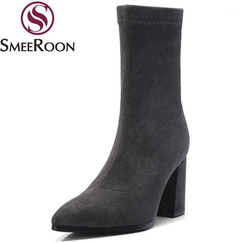 

Smeeroon high quality ankle boots woman concise pointed toe winter boots office slip on women's shoes high thick heels new1, Black 2