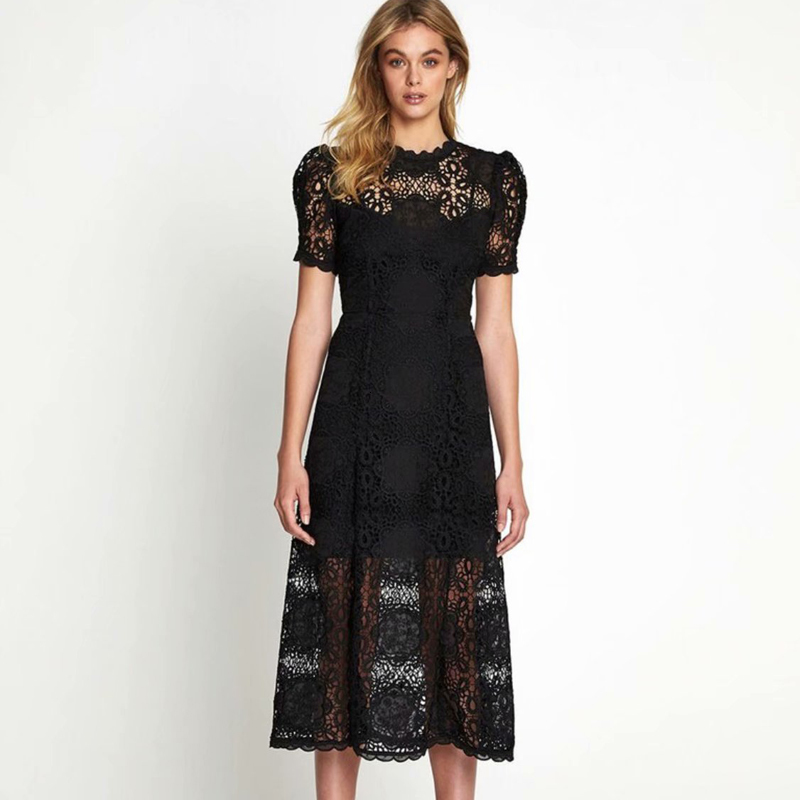 

Summer 2021 New Retro Embroidered Sexy Flowers Short Sleeves Elegant Temperament Thin Divide the Middle of Length Dress Women Pzb1, White