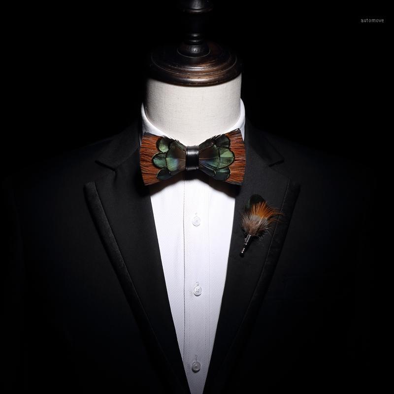 

Free shipping NEW men's male Spring custom made handmade feather bow Wedding party performance host suit bow tie brooch SET1