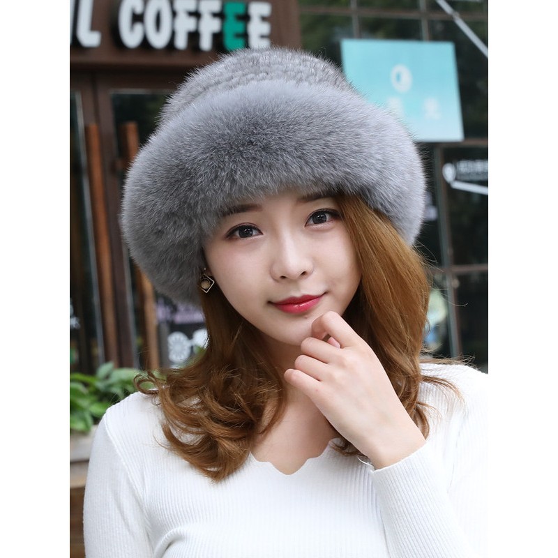 

Women's winter vison fox skin mink fur dense warm fabric earmuffs fisherman's bonnet bowl hat