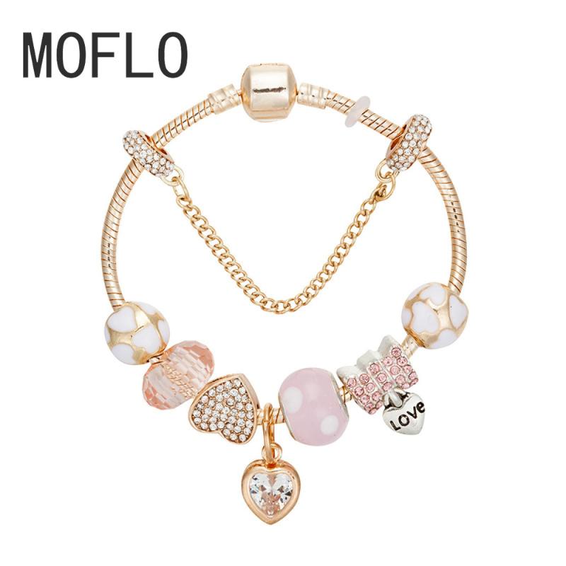 

MOFLO European DIY Snake Chain Safety Chain Pink Chamilia Beads Bracelet Full Crystal LOVE Heart Charm Pendant Bracelet