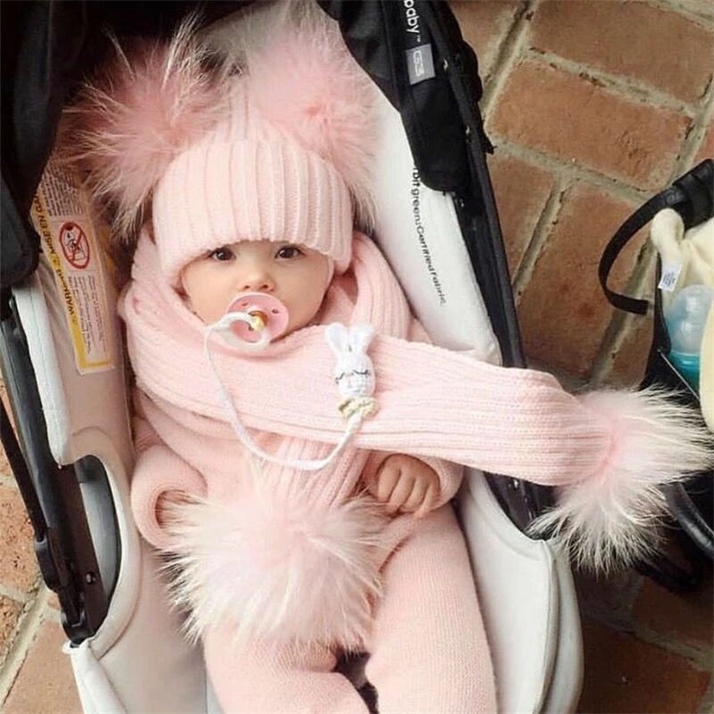 

Children Real Natural Fur Pompom Knitted Beanie Hats Scarves Set Suit Baby Boys Girls Hat Scarf Winter Warm 201210