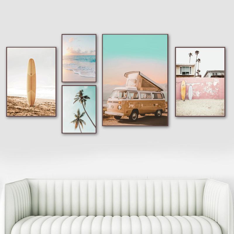 

Sea Waves Beach Palm Tree Car Surfboard Wall Art Canvas Painting Nordic Posters And Prints Wall Pictures For Living Room Decor