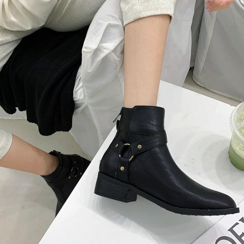 

Square Med Heels Shoes Plus Size 32-46 Autumn Winter Snow Boots Casual Women Fashion Zip Buckle Rivets Ankle, Black