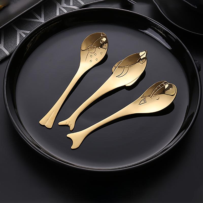 

1Pcs 304 Stainless Steel Nice Gift Dinner Spoon Rose Gold/Gold/Silver Fish Design Coffee Dessert Spoons Tableware