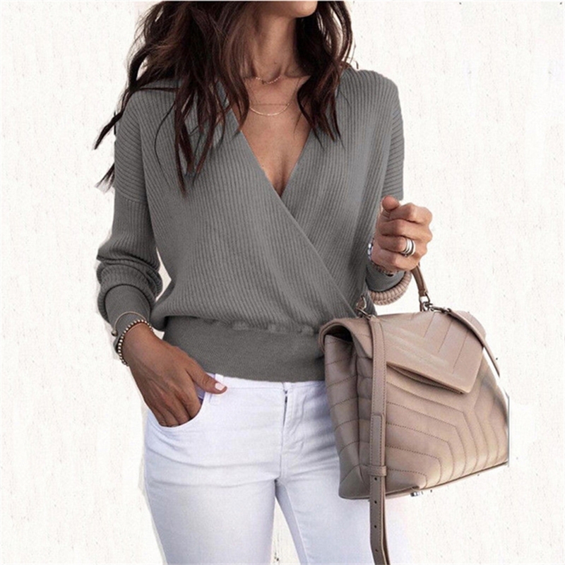 

Autumn Tops and Pullovers Long Sleeve Knitted Sweaters for Women V Neck Cross Wrap Sweaters and Pullovers Fashion Tops, Black